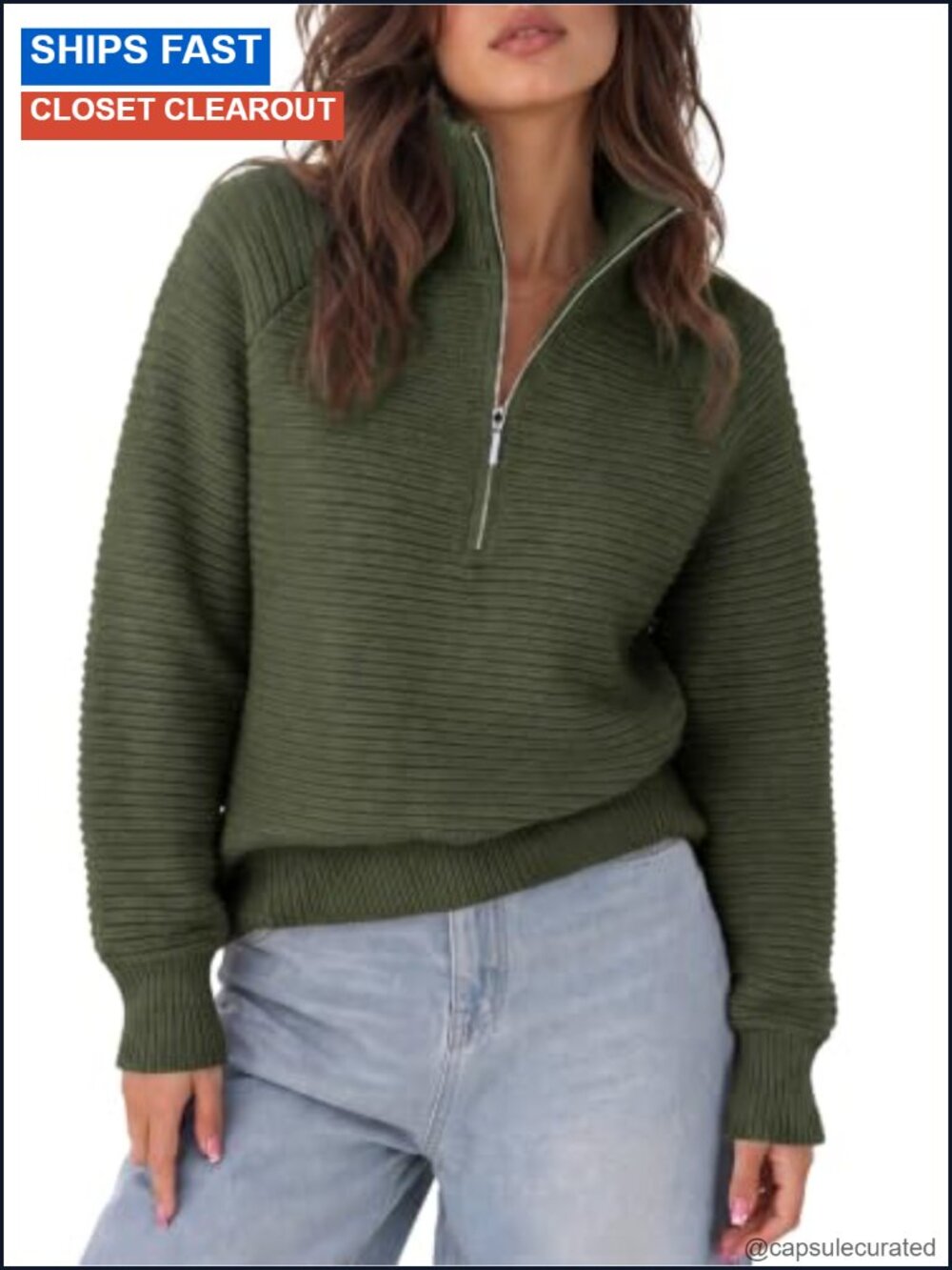 Oversized Quarter Zip Sweater Knit Pullover Stand Collar Casual Fall Top